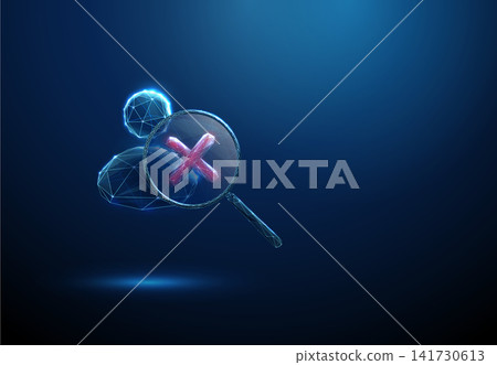 3D blue avatar icon and magnifying glass with cross mark. Error detection, access denied, identity rejection, virtual assistant, failed verification, security concept 3D blue avatar icon and magnifying glass with cross mark. Error detection, access denied, identity rejection, virtual assistant, failed verification, security concept 141730613