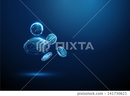 3D blue avatar and falling coins. Fintech, ai finance assistant, virtual agent advisor, falling money, cash flow, income stream, online payment, savings concept 3D blue avatar and falling coins. Fintech, ai finance assistant, virtual agent advisor, falling money, cash flow, income stream, online payment, savings concept 141730621