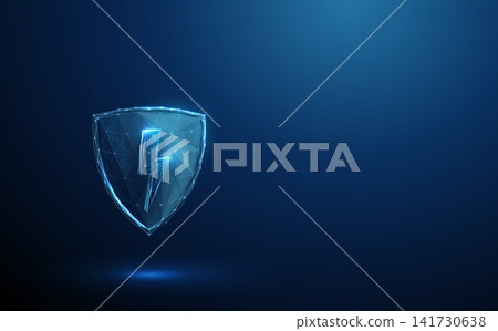 3D blue shield with lightning. Security, power protection, energy defense, fast shield, electric safety, instant guard, strong barrier, surge concept 3D blue shield with lightning. Security, power protection, energy defense, fast shield, electric safety, instant guard, strong barrier, surge concept 141730638