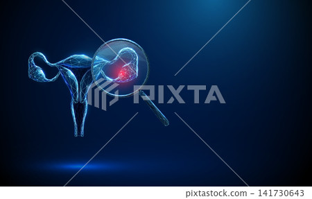 3D blue uterus and magnifying glass with a red spot inside. Gynecology, women health, reproductive examination, inflammation, pathology, medical diagnosis concept 3D blue uterus and magnifying glass with a red spot inside. Gynecology, women health, reproductive examination, inflammation, pathology, medical diagnosis concept 141730643