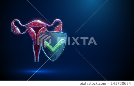 3D blue uterus and shield with a green tick. Gynecology, women health, HPV vaccine, approved protection, immune defense, cervical cancer prevention, wellness concept 3D blue uterus and shield with a green tick. Gynecology, women health, HPV vaccine, approved protection, immune defense, cervical cancer prevention, wellness concept 141730654