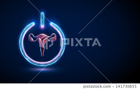 3D blue uterus in a power button. Gynecology, women health, fertility, hormone balance, menstrual cycle, ovarian vitality, energy boost reproductive function concept 141730655