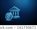 3d blue bank icon with a coin next to it. Financial services, banking transactions, savings, deposits, investment activity, capital flow, fintech operations concept 141730671