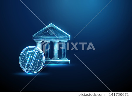 3d blue bank icon with a coin next to it. Financial services, banking transactions, savings, deposits, investment activity, capital flow, fintech operations concept 3d blue bank icon with a coin next to it. Financial services, banking transactions, savings, deposits, investment activity, capital flow, fintech operations concept 141730671