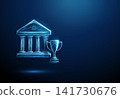 3D blue bank icon and sport cup. Sports betting, winning money, betting payout, jackpot win, financial victory, gambling profit, lucky forecast, cash prize concept 141730676