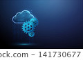 3d blue data cloud in flowing stream of dots with gears. Cloud computing, data processing automation, digital workflow, AI-driven solutions, machine learning concept. 141730677