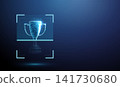 3D blue sport cup in frame. Sports analytics, performance rating, referee decision, winning strategy, goal achievement, championship review, betting odds concept 141730680