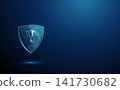 3D blue sport cup on shield. Victory, protection, defense, security, champion, achievement, guarantee, guard, resilience, reliability, confidence, strength concept 141730682