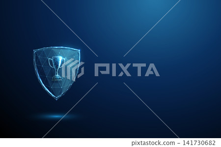 3D blue sport cup on shield. Victory, protection, defense, security, champion, achievement, guarantee, guard, resilience, reliability, confidence, strength concept 3D blue sport cup on shield. Victory, protection, defense, security, champion, achievement, guarantee, guard, resilience, reliability, confidence, strength concept 141730682