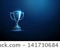 3D blue sport cup with number one on it. Victory, first place, championship, being number one, success, top winner, ranking leadership, elite achievement concept 141730684