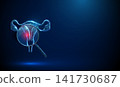 3D blue uterus and magnifying glass with red spot. Gynecology, cervical cancer, tumor detection, oncology, women health, early lesion diagnosis screening concept 141730687