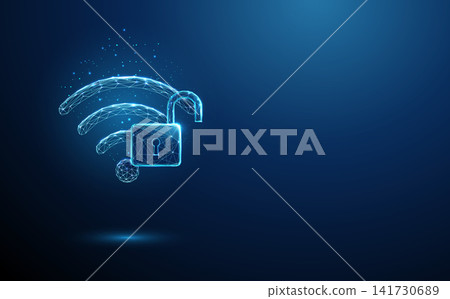 3D blue wifi and opened lock. Cybersecurity, wireless network, data privacy, secure connection, internet safety, signal access, cyber defense, encryption concept 141730689