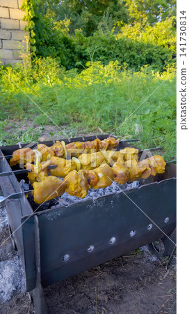 vertical view of barbecue grill with kebab against green grass at cottage vertical view of barbecue grill with kebab against green grass at cottage 141730814