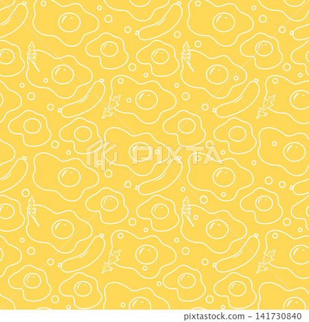 Fried eggs and sausages seamless pattern on yellow background for breakfast-themed designs Fried eggs and sausages seamless pattern on yellow background for breakfast-themed designs 141730840
