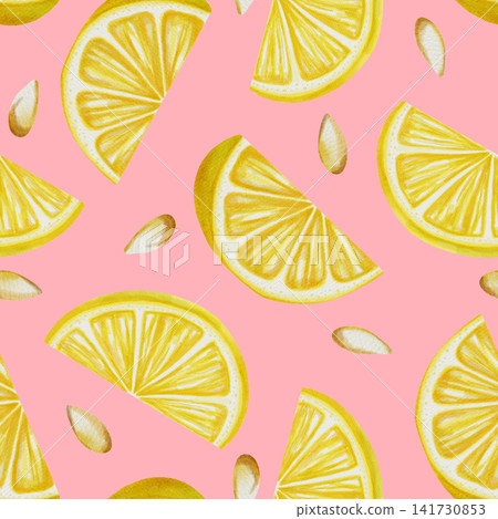 Lemon. Seamless watercolor pattern with hand drawn lemon wedges and seeds. Hand-drawn summer botanical illustration is perfect for fabric, wallpaper, packaging, and kitchen decor, cafe menu 141730853