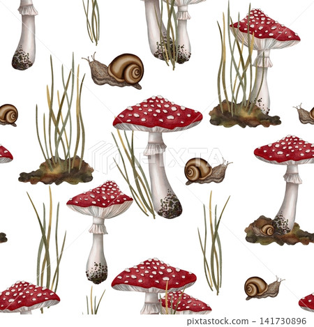 Seamless watercolor pattern with red fly agaric mushrooms, snails, and forest grass. Autumn still life. Children's illustration. Suitable for books, packaging, cards, and children's clothing Seamless watercolor pattern with red fly agaric mushrooms, snails, and forest grass. Autumn still life. Children's illustration. Suitable for books, packaging, cards, and children's clothing 141730896