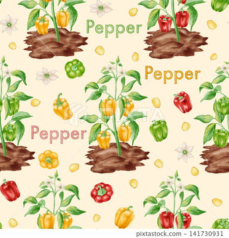Watercolor seamless pattern featuring bell pepper plants growing in soil, seeds, and blossoms. Hand-drawn gardening and agriculture background for kitchen textiles, cookbooks, and packaging 141730931
