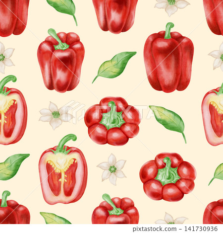 Watercolor seamless pattern with whole and half red bell peppers, leaves, and flowers. Vibrant hand-drawn botanical illustration of red paprika for kitchen textiles, cookbooks, packaging, harvest Watercolor seamless pattern with whole and half red bell peppers, leaves, and flowers. Vibrant hand-drawn botanical illustration of red paprika for kitchen textiles, cookbooks, packaging, harvest 141730936