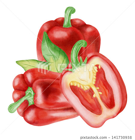 Watercolor illustration, composition with red bell pepper. Hand-drawn whole and cut ripe sweet peppers with fresh green leaves. Suitable for kitchen textiles, packaging, harvest, and agriculture. Watercolor illustration, composition with red bell pepper. Hand-drawn whole and cut ripe sweet peppers with fresh green leaves. Suitable for kitchen textiles, packaging, harvest, and agriculture. 141730938