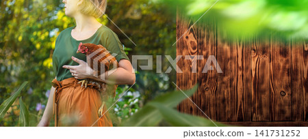 Woman holds laying hen gently near wooden henhouse. Woman practicing free range poultry care near chicken coop. Extra wide banner Woman holds laying hen gently near wooden henhouse. Woman practicing free range poultry care near chicken coop. Extra wide banner 141731252