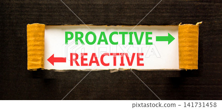 Proactive and reactive symbol. Concept word Proactive Reactive on beautiful white paper. Beautiful black background. Business proactive and reactive concept. Copy space. Proactive and reactive symbol. Concept word Proactive Reactive on beautiful white paper. Beautiful black background. Business proactive and reactive concept. Copy space. 141731458