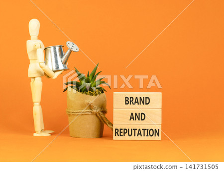Brand and reputation words symbol. Concept words Brand and reputation on beautiful wooden blocks. Beautiful orange background. Businessman model. Business brand and reputation concept. Copy space. Brand and reputation words symbol. Concept words Brand and reputation on beautiful wooden blocks. Beautiful orange background. Businessman model. Business brand and reputation concept. Copy space. 141731505