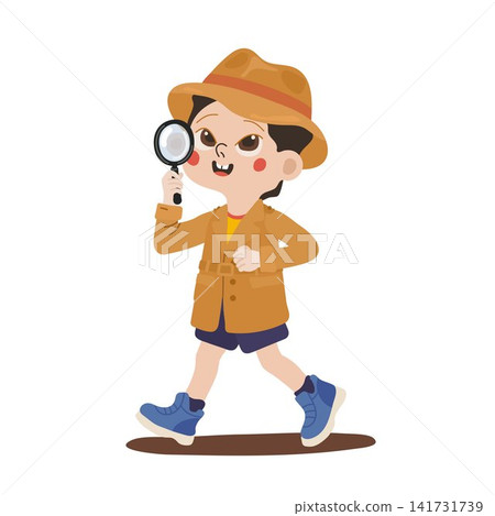 Cute boy detective with magnifying glass and brown fedora walking isolated on white background Cute boy detective with magnifying glass and brown fedora walking isolated on white background 141731739