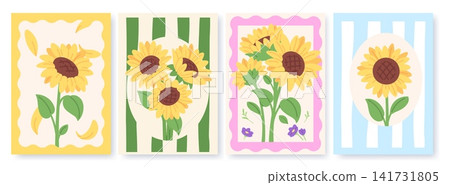 Sunflowers poster design. Stylish floral postcard with sunflower, giant colorful flowers. Unusual compilation styles, trendy banners, vector templates 141731805