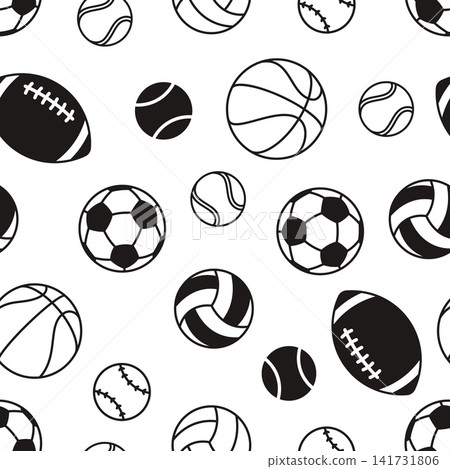 Sport balls seamless pattern. Different ball, for soccer, american football, handball, basketball, tennis, baseball and volleyball. Training tools, vector background 141731806