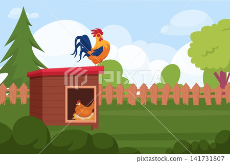 Rooster on roof of chicken coop. Natural landscape, cartoon poultry farm. Hen hatching eggs and bright, beautiful rooster crowing. Morning time, vector scene Rooster on roof of chicken coop. Natural landscape, cartoon poultry farm. Hen hatching eggs and bright, beautiful rooster crowing. Morning time, vector scene 141731807