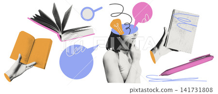 Modern pop art collage trendy elements set. Books, thoughtful female student. Halftone dotted stickers with doodles. Concept for education and creativity Vector illustration isolated on transparent Modern pop art collage trendy elements set. Books, thoughtful female student. Halftone dotted stickers with doodles. Concept for education and creativity Vector illustration isolated on transparent 141731808