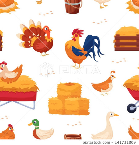 Poultry farm seamless pattern. Cartoon rooster, quail, turkey, various nests and eggs, laying hen. Agriculture market template, print for printing, vector background Poultry farm seamless pattern. Cartoon rooster, quail, turkey, various nests and eggs, laying hen. Agriculture market template, print for printing, vector background 141731809