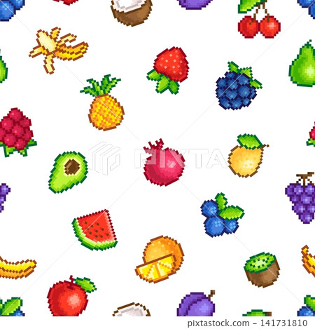 Pixel art fruits and berries seamless pattern. Game style food, sweet farm natural products, vitamins. Decorative stylish print for design, vector background Pixel art fruits and berries seamless pattern. Game style food, sweet farm natural products, vitamins. Decorative stylish print for design, vector background 141731810