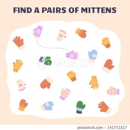 Find pairs of mittens and join its. Cartoon mitten different design, winter autumn fashion accessories for adult, children. Knit elements, vector game template 141731817