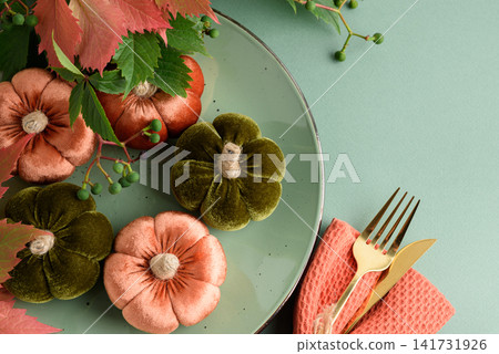Velvet pumpkins arranged on a plate with golden cutlery and autumn leaves for a festive table setting Velvet pumpkins arranged on a plate with golden cutlery and autumn leaves for a festive table setting 141731926