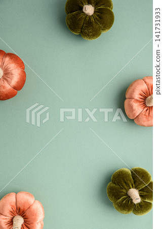 Four Plush Velvet Pumpkins in Autumn Colors on Pastel Background Flat Lay Composition Four Plush Velvet Pumpkins in Autumn Colors on Pastel Background Flat Lay Composition 141731933