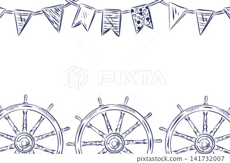 A marine frame with a ship's rudder and flags. All objects are hand-drawn in ink. Marine-themed vector frame for party decoration or background, invitations, postcards, textile printing. A marine frame with a ship's rudder and flags. All objects are hand-drawn in ink. Marine-themed vector frame for party decoration or background, invitations, postcards, textile printing. 141732007