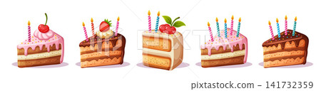 Birthday cake slices pieces with burning candles. Holiday pastry baking. Frosting biscuit pie part icon set. Sweet festive dessert food with chocolate cream, fruit decoration. Happy Bday party. Vector 141732359