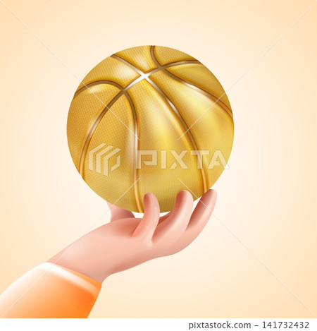 3d hand basketball. Realistic cartoon arm hold golden basket ball, sport competition championship league team character play balls goal game match best player vector illustration 3d hand basketball. Realistic cartoon arm hold golden basket ball, sport competition championship league team character play balls goal game match best player vector illustration 141732432