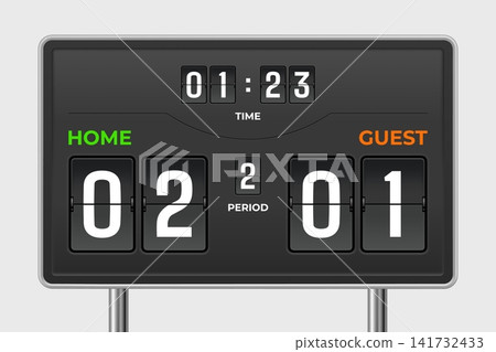 Scoreboard countdown. Soccer sport counter display, 3d number panel clock hockey match mechanical timer time goal home team competition result realistic garish vector illustration Scoreboard countdown. Soccer sport counter display, 3d number panel clock hockey match mechanical timer time goal home team competition result realistic garish vector illustration 141732433