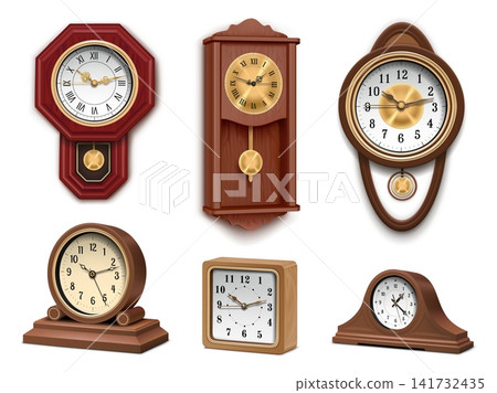 Antique clocks realistic. Old vintage wall watch face, pendulum grandfather clock time metal wood classic interior mantel table hand wrist tower alarm 3d garish vector illustration Antique clocks realistic. Old vintage wall watch face, pendulum grandfather clock time metal wood classic interior mantel table hand wrist tower alarm 3d garish vector illustration 141732435