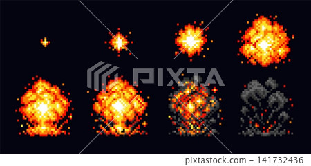 Pixel explosion animation. Fire blast flame 8 bit art, retro arcade game bomb firework fight sequence frame old computer space war attack bang smoke qualitative vector illustration Pixel explosion animation. Fire blast flame 8 bit art, retro arcade game bomb firework fight sequence frame old computer space war attack bang smoke qualitative vector illustration 141732436