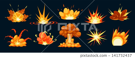 Cartoon explosions. Bomb boom fire smoke, blast cloud burst crash nuclear mushroom dynamite flame heat power war attack flash bang explode effect qualitative vector illustration 141732437
