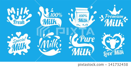 Milk splash logo. Dairy product label emblem cream splashes badge yogurt milky drink cow farm organic food yoghurt creamy fresh beverage liquid drop qualitative vector illustration Milk splash logo. Dairy product label emblem cream splashes badge yogurt milky drink cow farm organic food yoghurt creamy fresh beverage liquid drop qualitative vector illustration 141732438