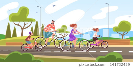 Family ride bicycles. Parent children bike walk together in park outdoor nature, father mother son cyclist in helmet sport summer vacation road adventure classy vector illustration Family ride bicycles. Parent children bike walk together in park outdoor nature, father mother son cyclist in helmet sport summer vacation road adventure classy vector illustration 141732439