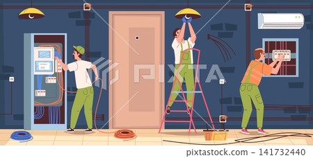 Electrician home work. Electric house repair, technician maintenance service worker lamp socket wire switch plug handyman engineer safety voltage tool classy vector illustration Electrician home work. Electric house repair, technician maintenance service worker lamp socket wire switch plug handyman engineer safety voltage tool classy vector illustration 141732440