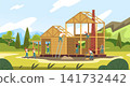 Cottage construction process. Home building work, wood house builder worker site roof frame carpenter group new residential rural private wooden dwelling classy vector illustration 141732442