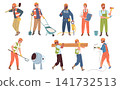 Builders engineers characters. Construction worker work, builder woman man in helmet labor safety repair industry site tool hardhat people job profession classy vector illustration 141732513