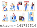 Plumber repair house. Plumbing worker fix home pipe water leak, handyman sink toilet bathroom boiler shower service maintenance professional master set classy vector illustration 141732514