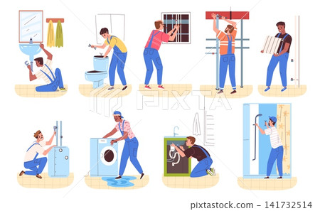 Plumber repair house. Plumbing worker fix home pipe water leak, handyman sink toilet bathroom boiler shower service maintenance professional master set classy vector illustration Plumber repair house. Plumbing worker fix home pipe water leak, handyman sink toilet bathroom boiler shower service maintenance professional master set classy vector illustration 141732514